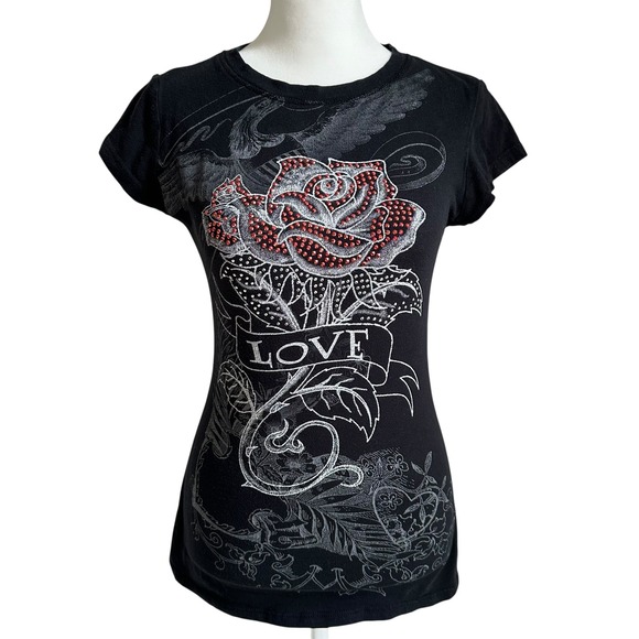 Tops - Y2K Tattoo Graphic Rose Love Rhinestone Black Short Sleeve Tee Shirt Women S